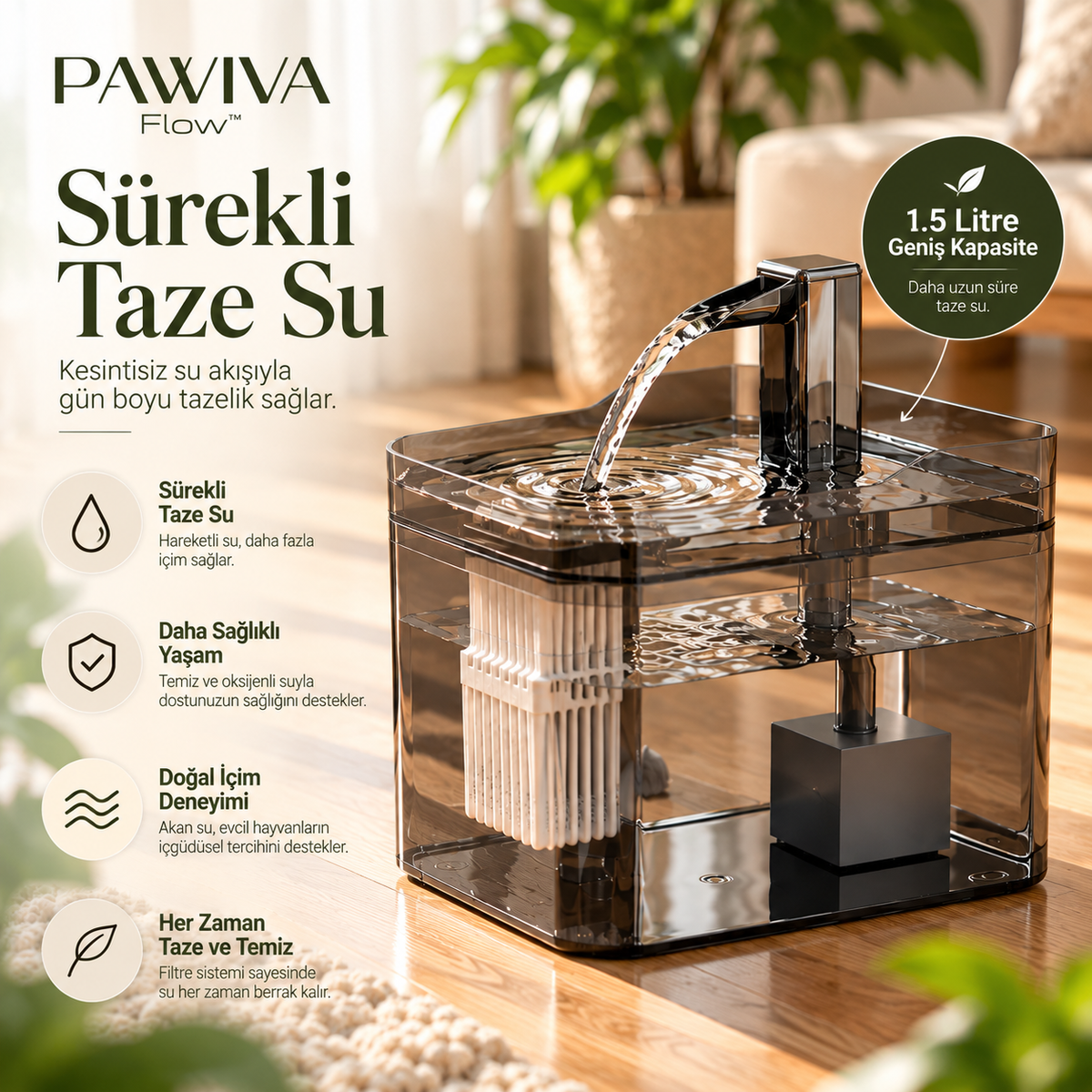 PAWIVA Flow™ – 1.5L Otomatik Su Pınarı