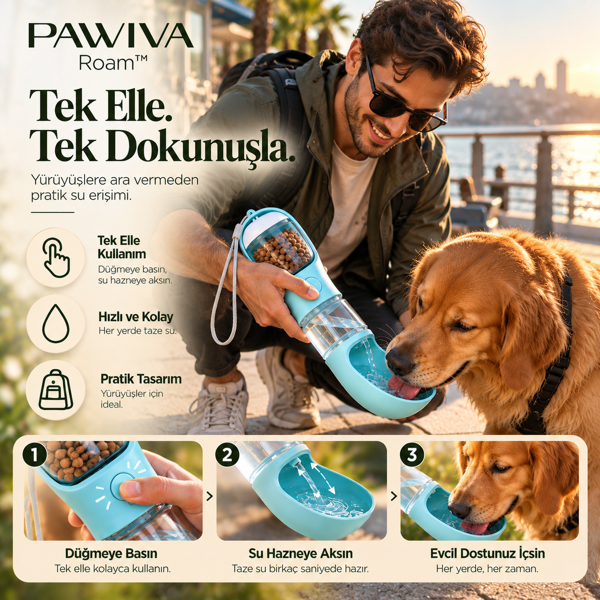 PAWIVA Roam™ – 3'ü 1 Arada Seyahat Su Şişesi