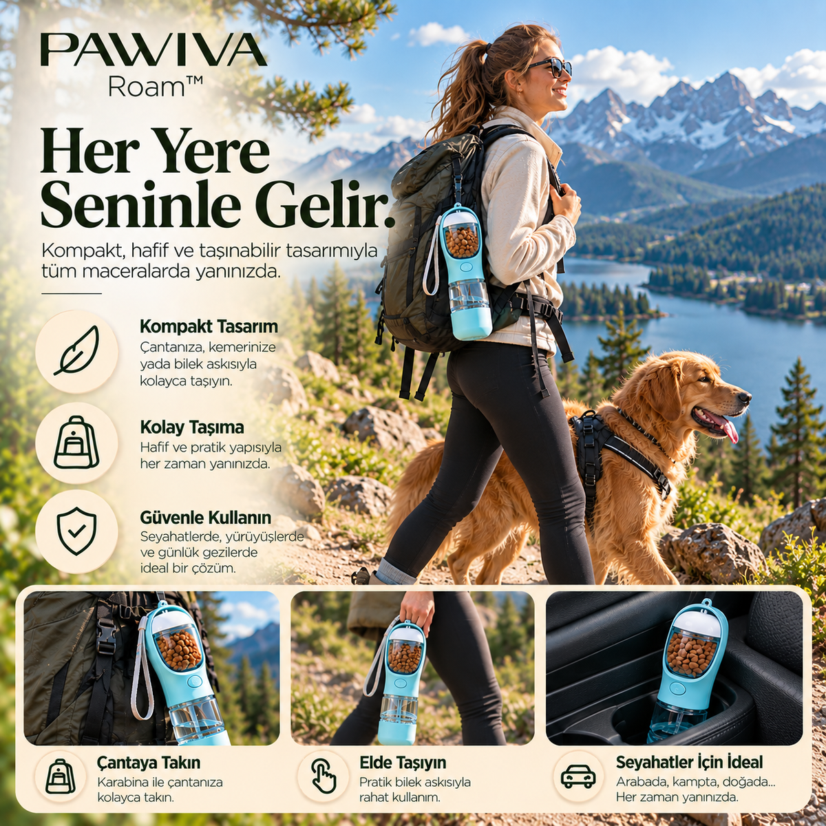 PAWIVA Roam™ – 3'ü 1 Arada Seyahat Su Şişesi