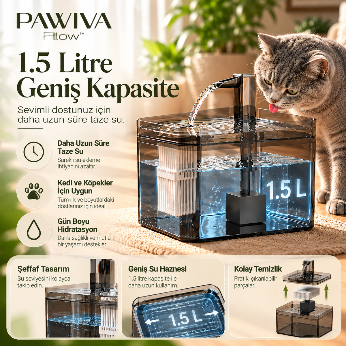 PAWIVA Flow™ – 1.5L Otomatik Su Pınarı
